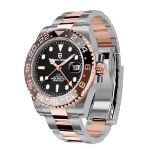 [미국배송] BY BENYAR 파가니 디자인 남성용 시계 GMT 자동 사파이어 유리 패션 비즈니스 스테인리스 스틸 100M 방수 손목 PD-1662