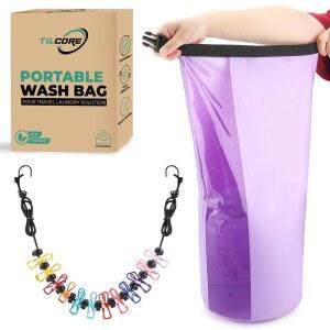 여행용 세탁기 및 접이식 빨랫줄 - 손세탁기 휴대용 내구성이 뛰어난 세탁 가방 캠핑용 수동