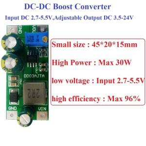 30W DC 3/3.3/3.7V 5V 6/7.5V/9/10/12/14.8V/24V 스텝 업 부스트 컨버터 보드 18650 리튬 배터리용