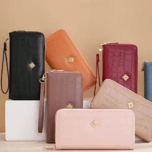 여성 고급스러운 원단 무늬 네잎 2단 지퍼 롱 지갑