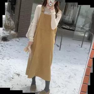 멜빵치마 여성 캐주얼 루즈핏 코듀로이 골덴 멜빵 롱 원피스
