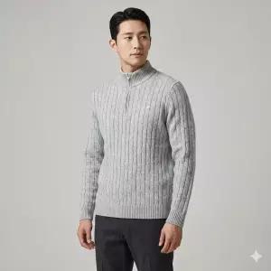 올젠 남성 반집업 스웨터 긴팔티 메리노울 그레이 트위스트 케이블 PO8821H