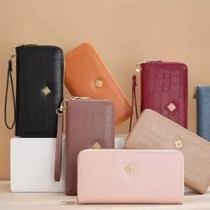 여성용 고급 원단 패턴 2단 지퍼 롱 지갑