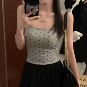 캡내장 이너 나시탑 백오픈 도트 끈나시 여성 브라탑 내장