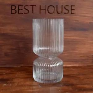 유리화분 화병 스트라이프 2단실린더 10x21cm 크리스탈 투명꽃병 인테리어 미니 글라스