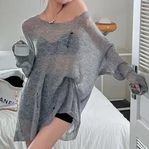 여성 시스루 루즈핏 빈티지 망사 긴팔 니트 티셔츠휴양지패션 휴가룩 비치용 레이어드 웨어