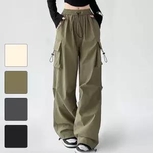 여성 와이드 카고팬츠 스트링 조거 밴딩 통바지 여자 고무줄 밴바지 키작녀 허리밴 바스락 건빵 조커