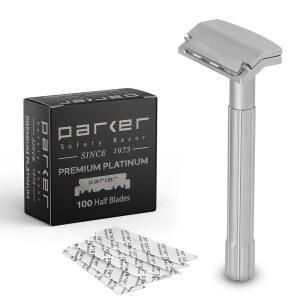 PARKER SAFETY RAZOR, THE SOLOEDGE U2013 면도, 블레이드가 SE 플래티넘 남성 엣지 프리 있는 정밀 헤드 - 여성용 재사용 플라스틱 싱글 및 100개의 면도기 마그네틱