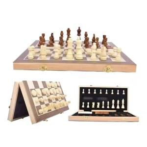 [미국배송] 15인치 마그네틱 나무 체스 & 체커스 보드 게임 세트 휴대용 여행 디자인 수납 공간 2인용 플레이어