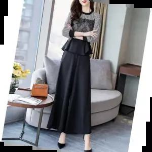 블라우스투피스 여성 8부 소매 쉬폰 블라우스 와이드 팬츠 상하 세트