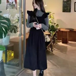 비욘드라이프J CQM 그레이 목폴라 프릴 서스펜더 롱원피스 세트