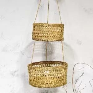 프리미엄 매쉬 왕골 행잉 바구니 2단 20x10 25x12cm화분 커버 홈인테리어 케이스 식물 실내 원예용 꽃바구