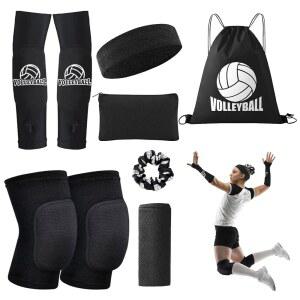 UMACWIN 배구 무릎 패드 배구 팔 슬리브, 배구 액세서리 세트, 무릎 패드 팔 패드 스웨트밴드 스크런치 메이크업 가방 쿨링 타월 및 드로스트링 백 여성 여아 청소년용