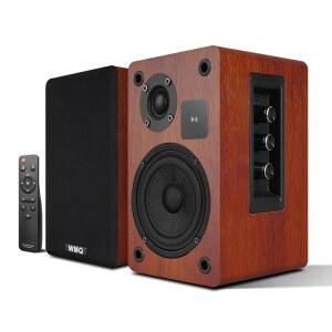 WMQ 전원 책장 스피커 쌍, 60W 홈 스테레오 스피커, BT, AUX 및 Type-C 입력, 14cm(5.5인치) 탄소 섬유 우퍼 및 2.5cm(1인치) 트위터, 턴테이블, 레코드 플레이어, 데스크탑 PC 및 모니터와 호환 (브라운)