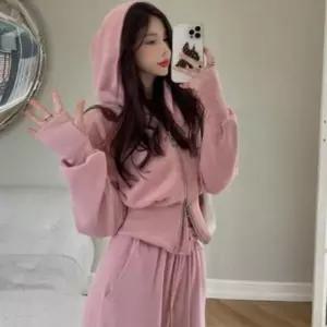 여성 후드 크롭 집업 와이드 팬츠 투피스
