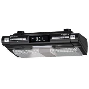 Jensen 모던 무선 캐비닛 아래 주방 범용 블루투스 음악 시스템, FM 라디오, 시계 LCD 디지털 디스플레이, 내장 핸즈프리 마이크 및 스피커 (장착 하드웨어 포함)