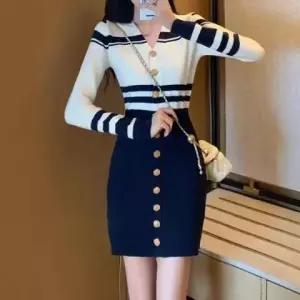 [아리엘스타일]스트라이프니트 골드버튼슬림핏 세일러무드룩 더마린