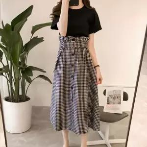 여성 투피스 체크 반팔 롱스커트 세트