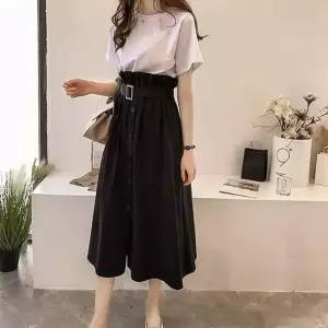 [키린] 상하 세트 반팔 롱치마 허리밴딩 투피스