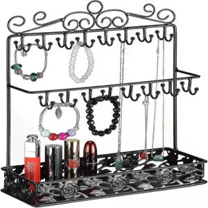 MOCOME 블랙 메탈 주얼리 홀더 정리함 32개의 후크와 여성용 트레이가 있는 목걸이 스탠드