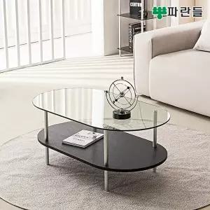 [파란들][착불배송] 파란들 타원형 1000 강화유리 블랙선반 2단 소파테이블 거실테이블