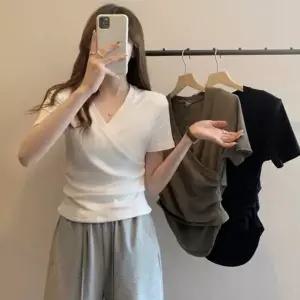 여자 브이넥 기본 티셔츠 반팔 면 모달 무지 셔링