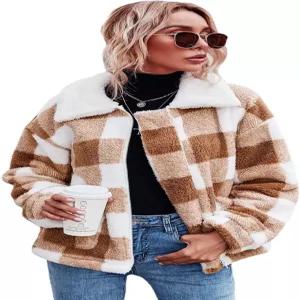 Comeon 여성 코트 캐주얼 라펠 플리스 퍼지 인조 전단 지퍼 따뜻한 겨울 오버사이즈 아웃웨어 재킷