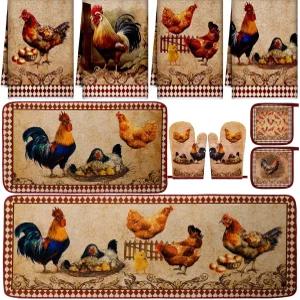 Fourluo 10pcs 루스터 치킨 주방 설거지 타월 러그 오븐 장갑 및 냄비 홀더 세트 베이킹 그릴 여성 엄마