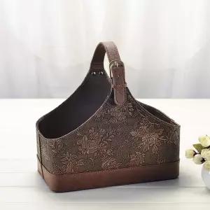 가죽 보관 바구니 MDF 구조 와인 플라워 과일 잡지 홀더 랙/통 명절 선물용 상단 손잡이 포함 (소형