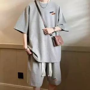 남자 여름 데일리 와플 패턴 오버핏 반바지 반팔 세트 반팔티 남성 라운드티 티셔츠