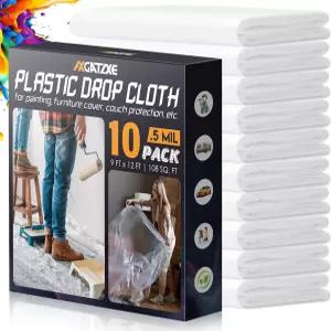 12 x 9피트 플라스틱 드롭 천(10팩) - 일회용 페인트 칠 및 방수 가구/코치/바닥 보호용 방수포