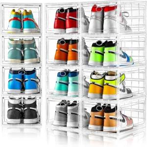 Amllas 12팩 투명 신발 상자 쌓기 옷장용 보관 문이 있는 튼튼한 용기 운동화 조립이 쉽고 미국 사이즈