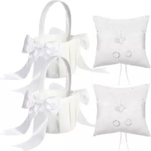 화이트 플라워 걸 바구니 및 링 베어러 베개 세트 라인스톤 새틴 웨딩 결혼 선물 기념일 축하 파티 장식