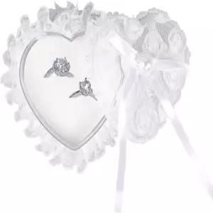 로맨틱 하트 모양 웨딩 링 베어러 박스 홀더 레이스 진주 꽃 우아한 베개 결혼식 약혼 제안