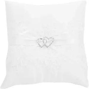Plplaaoo 웨딩 링 베어러 베개 보리 새틴 플로럴 레이스 자수와 펄 트림 로맨틱한 파티를 위한 우아한 하트