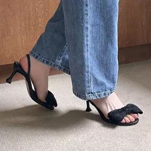 반짝이 리본 포인트 슬링백 샌들 여름 샌들 하이힐 여성슬링백 여름구두 여자구두