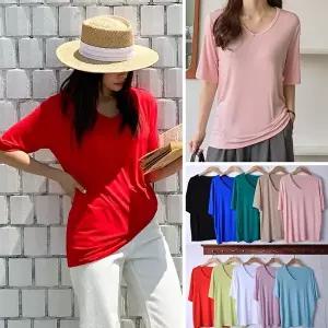 [유야]여성 레이온 스판 무지 브이넥 반팔 티셔츠 STS0480 여름