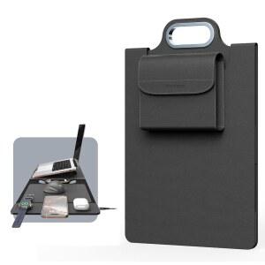 MicroPack 무선 충전 기능이 있는 노트북 슬리브, 내장 탈착식 악세사리 오거나이저 및 금속 손잡이, 마우스 패드 스탠드, 15인치 맥북/HP/델, 시계, 헤드폰용 가죽 가방 - 블랙
