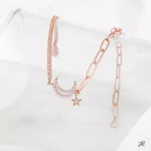 크레센트 14KGP 로즈골드 별 달 두줄 체인 패션 팔찌
