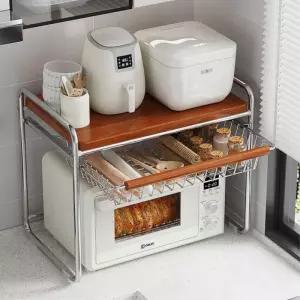 우드감성 2단 렌지대 슬라이딩 바구니 전자레인지 선반 주방정리 수납선반