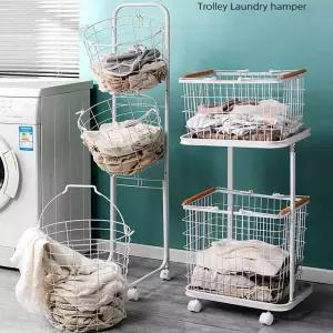 이동식 스틸 빨래바구니 사각 2단 이동식 철재메쉬 트롤리 바구니 분리수거
