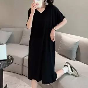 여성 여름 데일리 옆트임 V넥 반팔 편한 롱 원피스 (KYR-WFEEEB9)