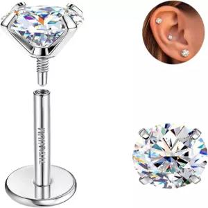 젬퀸 모이사나이트 귀걸이 G23 티타늄 연장 내부 실 플랫 백 저자극성 트라구스 연골 나선형 소라 피어싱