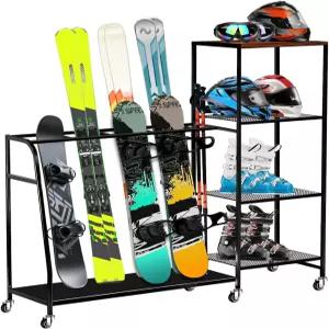 바퀴가 달린 튼튼한 프리스탠딩 스노보드 랙 및 보관 - 스키 4켤레 3켤레 부츠 폴 헬멧 기타 스포츠 장비