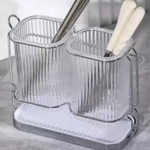 [골드스마일]2구 수저 통 투명 수저 통 모던 물빠짐 수저꽂이 보관함 건조대