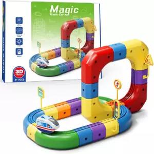 마법의 트랙 자동차 장난감 유연한 마법 기차 세트 및 교통 표지판이 있는 DIY 경주용 빌드 키트 4-8세