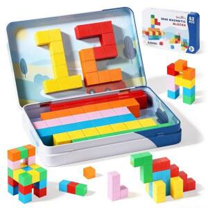 금속 상자가 있는 52개의 PCS 마그네틱 교실 미니 위한 큐브 용 생일 3세 소년 선물 소녀 0.8인치 세트, 여행용 어린이를 교육용 빌딩 비행기 STEM 및 이상 블록, 보호 장난감,