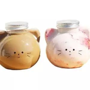일회용고양이보틀 투명 용기 카페 350ML 귀여운 플라스틱 우유보틀 뚜껑 고양이 모양