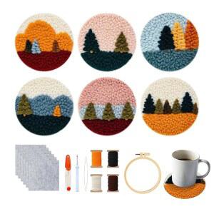 스타터 니들 코스터 키트, 초보자를 위한 펀치 니들 자수 DIY 세트, 접착 펠트가 있는 이지 코스터 키트, 실, 자수 후프 (멀티 랜드스케이프2)