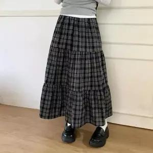 [하프클럽/셀러허브_여성트랜드패션]여자 사계절 면 체크 밴딩 플레어 롱스